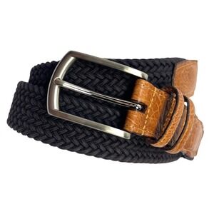Torino Mens Italian Woven Cotton Elastic Belt Black Sz 40 Brown Leather USA Made